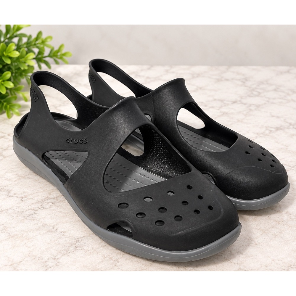 Crocs Swiftwater Mary Jane Black Charcoal Gray Sandals Shoes Womens 10 Slip On